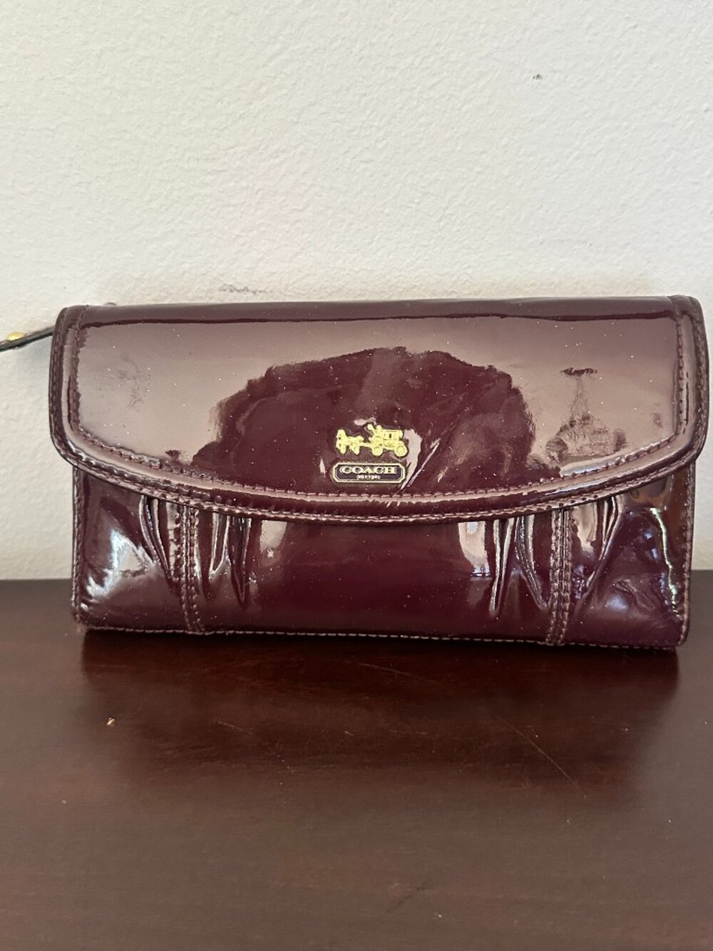 Coach Madison Burgundy Patent Leather Trifold Wallet With Check Book